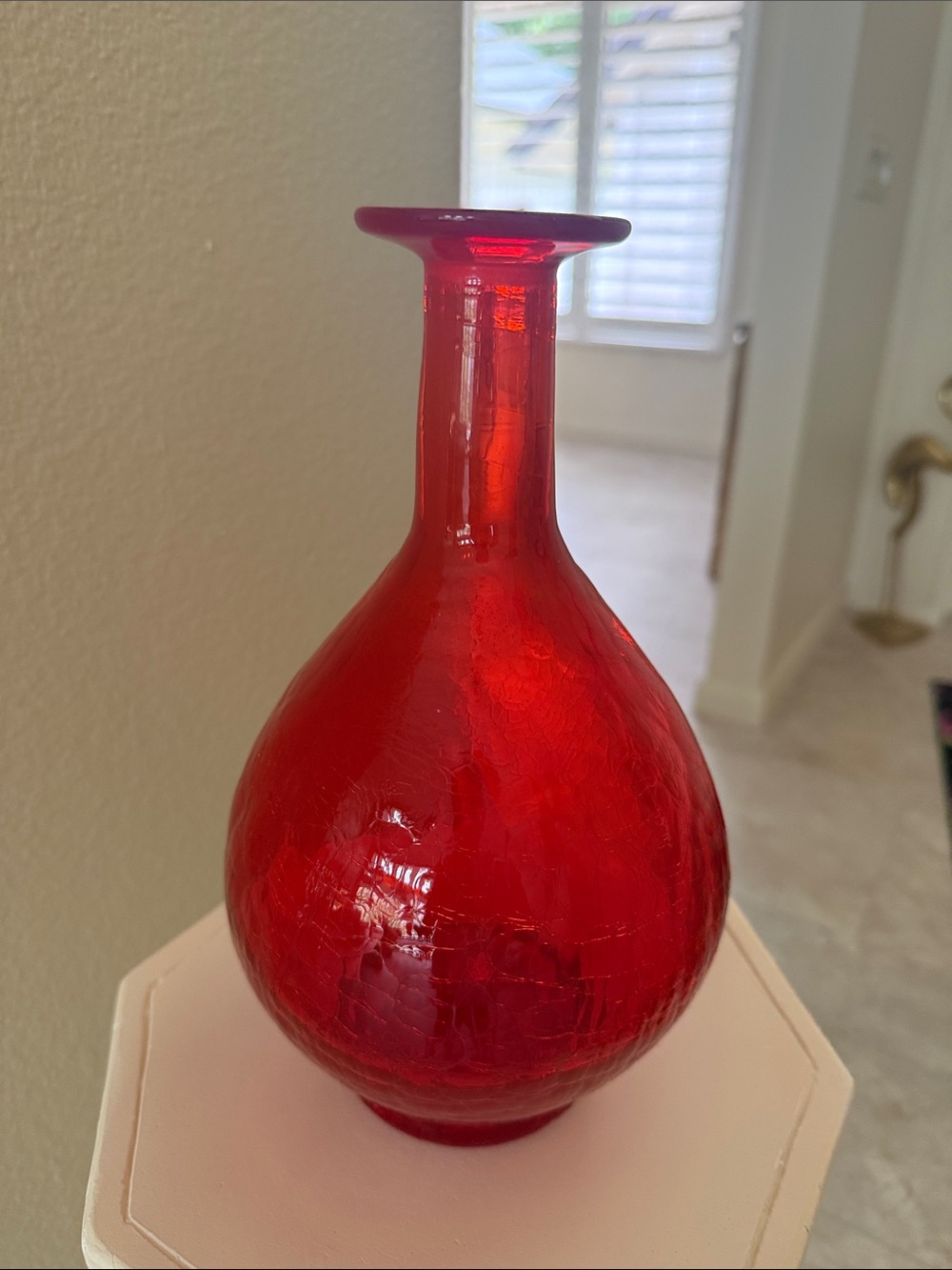 Vintage Blenko ?  Red Orange Crackle Glass Decanter with glass stopper